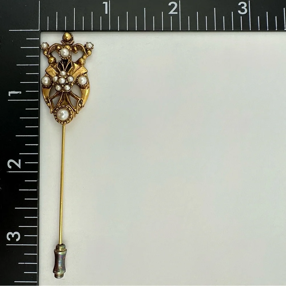 Florenza Vintage Faux Pearl Crown Straight Stick Pin Gold Tone hat pin
